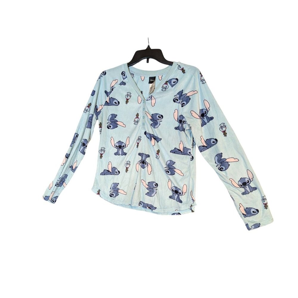 Disney Stitch Womens Long Sleeve Sleepwear Top Size M Aqua Blue Polyester